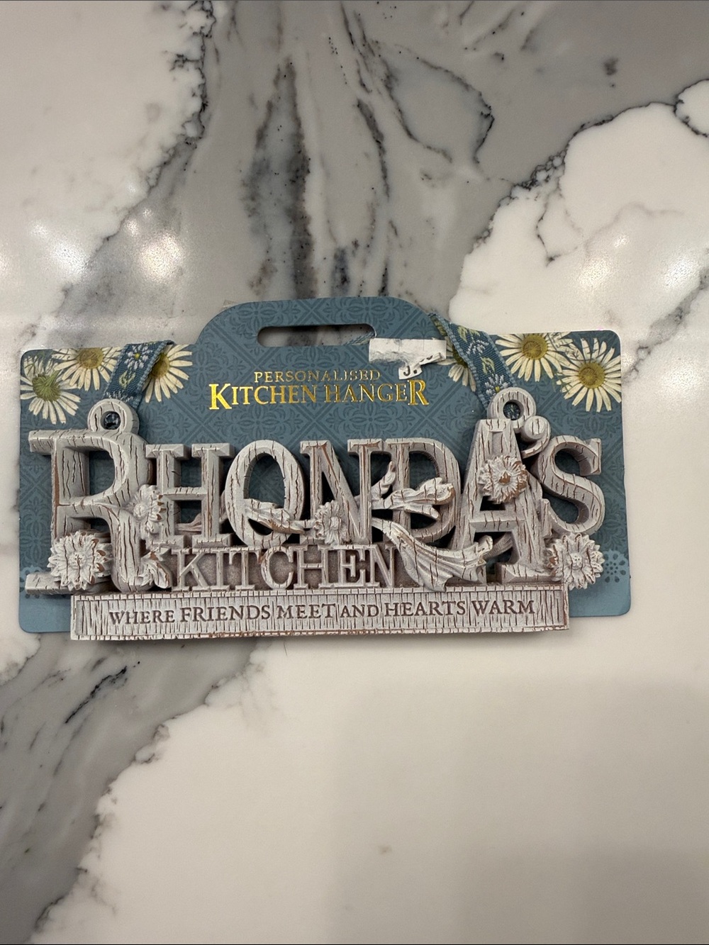 Personalized 'Rhonda's Kitchen' Wooden Kitchen Hanger - Distressed White